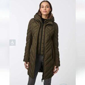 Bernardo Women's XS Olive Long Parka Puffer Jacket Funnel Neck Water Repellent